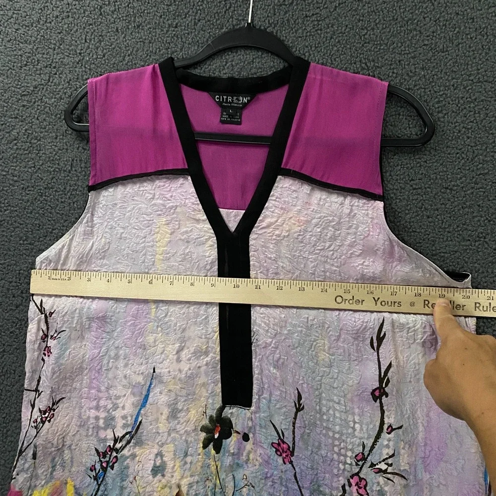 Citron Santa Monica Dress size Large 100% Silk Floral Sleeveless Asian Cherry